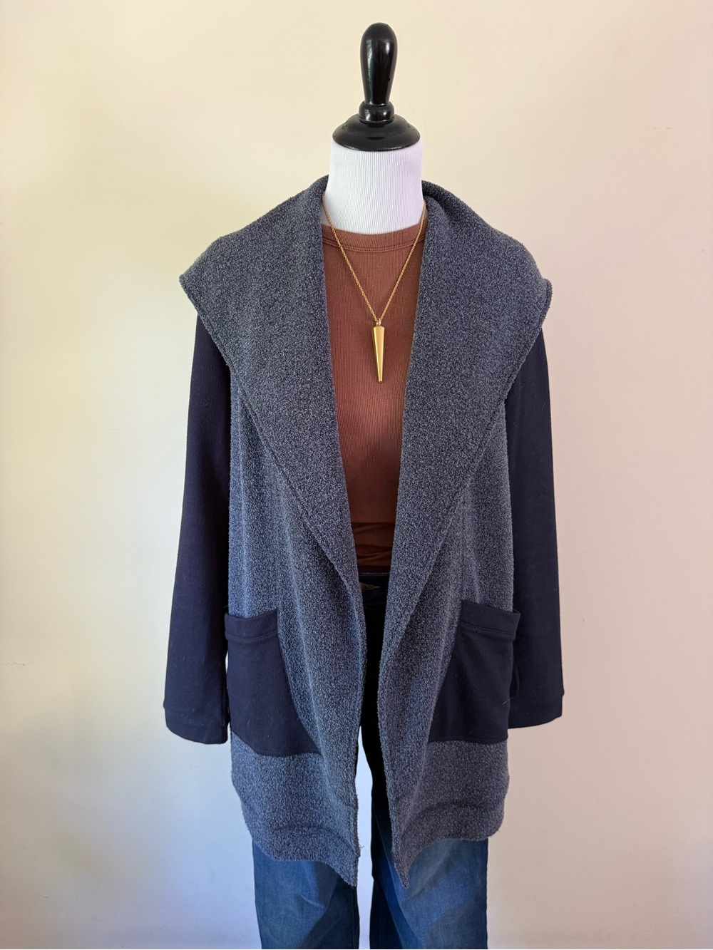 Cozy Open-Front Hooded Cardigan – Heathered Gray & Navy